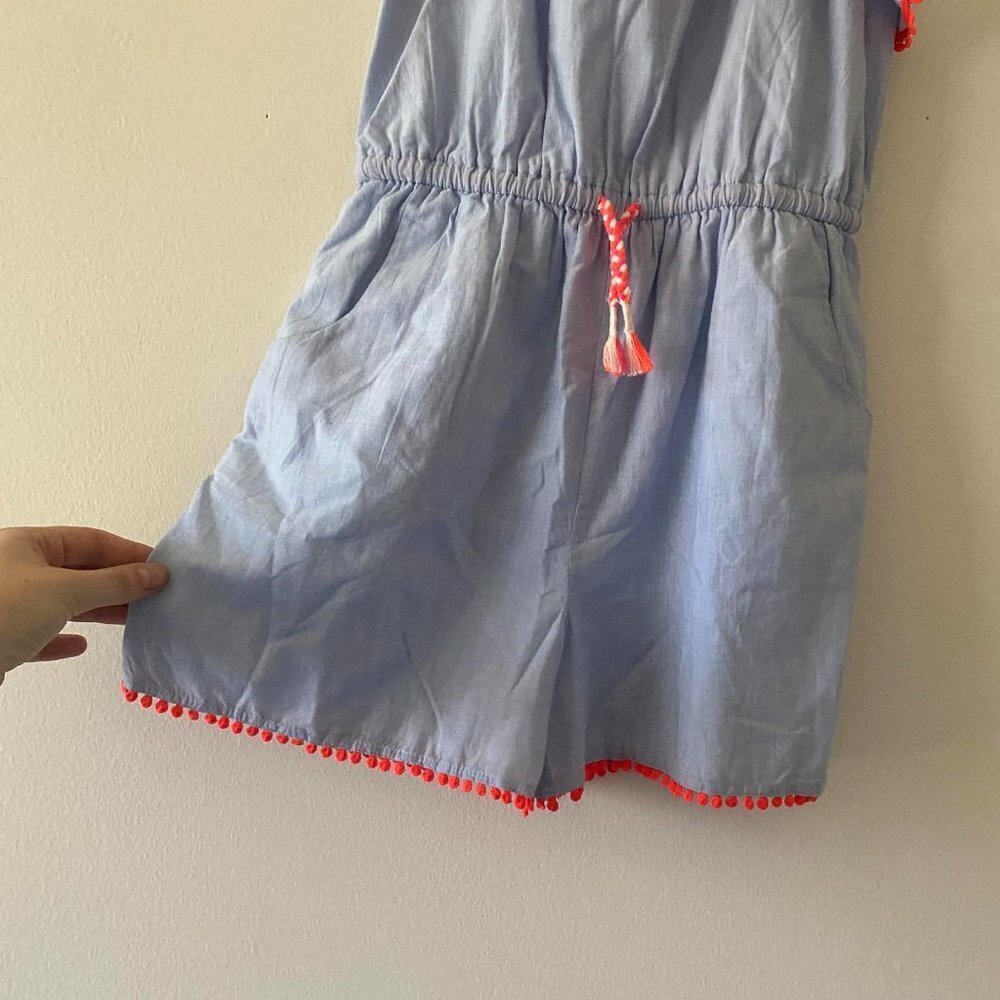 MINI BODEN girls blue and white pom pom romper. Cotton. EUC! - Picture 7 of 8